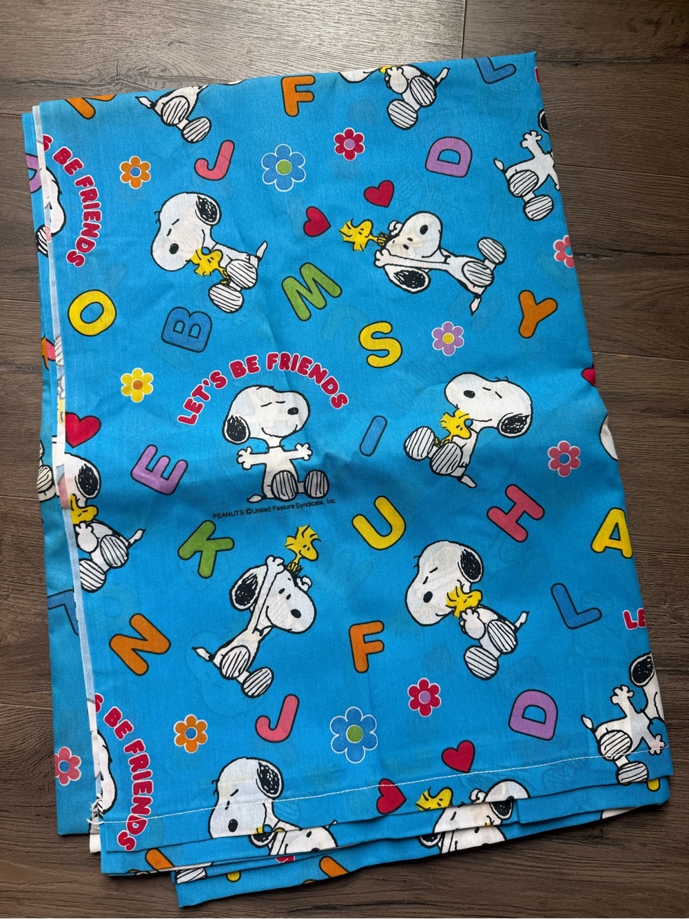Vintage Snoopy 'Lets Be Friends' Flat Twin Bedsheet Letters Hearts Flowers Love